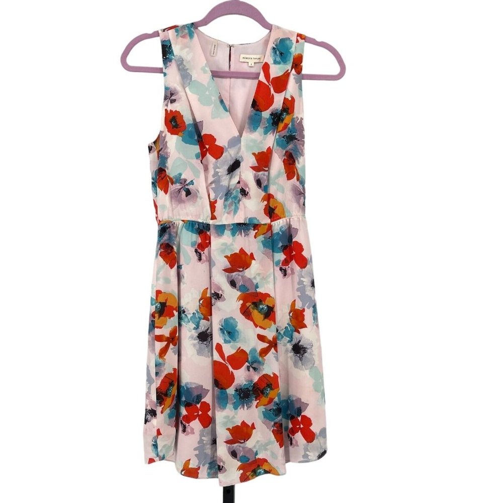 Rebecca Taylor 100% Silk Floral Watercolor Dress Womens sz 2 Plunge Neck Cutout - Picture 3 of 11